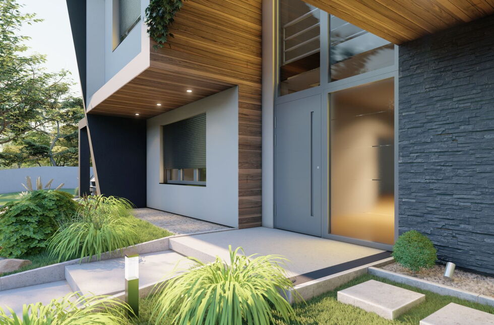 Aluminium Haustür mit mit Zuggriff und Fenster mit Rolllädem