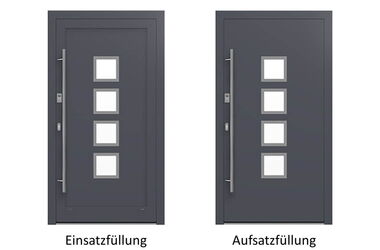 Alu-Haustür im Vergleich Aufsatzfüllung und Einsatzfüllung in Grau