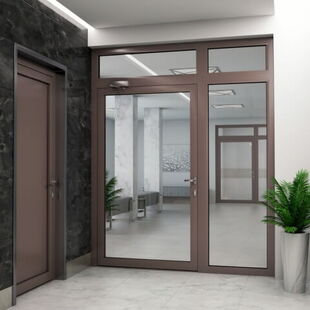 Alutür mit Seitenteil und Oberlicht in Braun