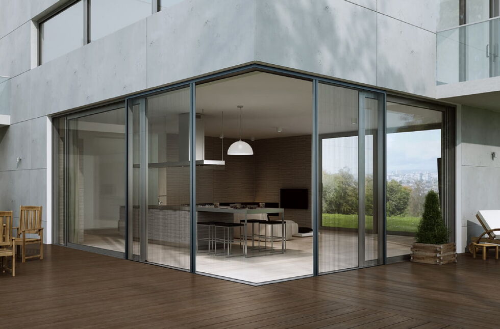 Insektenschutz Plissee MPH Dual Anthrazit mit Hebeschiebetür über Eck