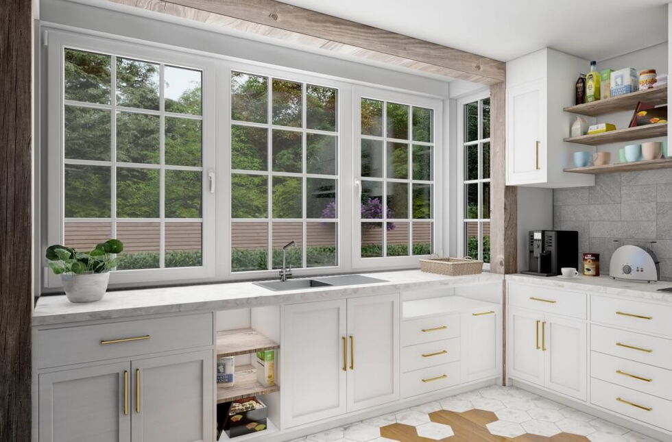 Witte kunststof kozijnen met roeden over de hoek