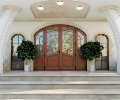 Bogen-Haustür aus Holz mit Seitenteil