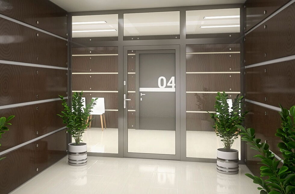 Alu-Eingangstür mit Oberlicht und Seitenteil in Grau