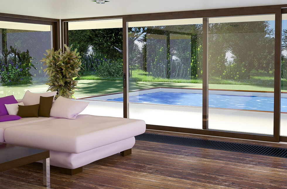 Holz Hebe-Schiebe-Tür in Braun mit Terrasse und Pool