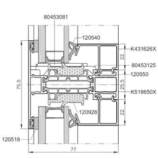 Aluprof MB-77 Kämpfersprosse 75,5 mm Detailzeichnung