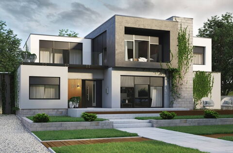 Modernes Haus mit Fenstern, Haustür und Rollladen in Anthrazit