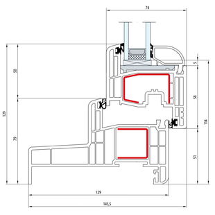 Gealan S 8000 - Monoblock 129mm - Fenster Classic-Line Flügel 5-Kammer - 5501 8092