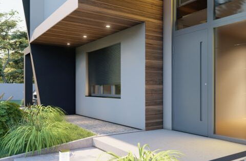 Alu-Haustür MB-86 mit Zuggriff KA1 und bündigem Profil in der Farbe Anthrazit