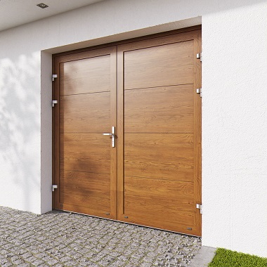 2-flügelige Garagen-Drehflügeltor in Golden-Oak mit schmaler Prägung