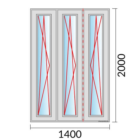 Dreiflügeliges Fenster 140x200 cm mit Dreh-Kipp-Links & Dreh-Kipp-Links & Dreh-Kipp-Rechts Öffnung & Stulp