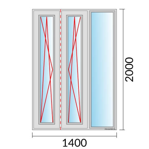 Dreiflügeliges Fenster 140x200 cm mit Dreh-Kipp-Links & Dreh-Kipp-Rechts & mit Festverglasung im Rahmen & Stulp