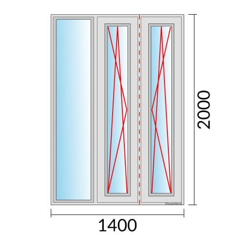 Dreiflügeliges Fenster 140x200 cm mit Festverglasung & im Rahmen mit Dreh-Kipp-Links & Dreh-Kipp-Rechts & Stulp