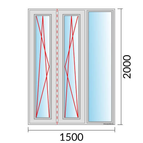 Dreiflügeliges Fenster 150x200 cm mit Dreh-Kipp-Links & Dreh-Kipp-Rechts & mit Festverglasung im Rahmen & Stulp