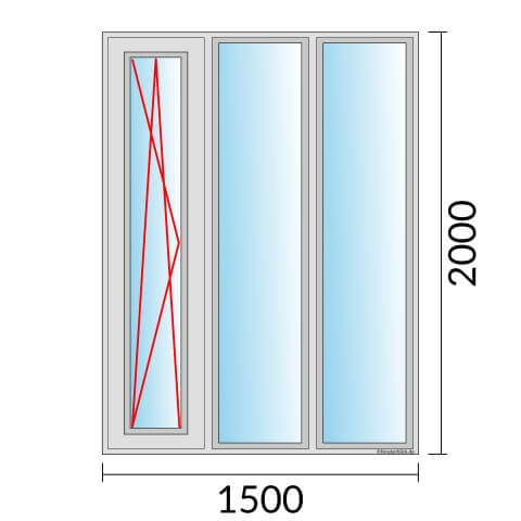 Dreiflügeliges Fenster 150x200 cm mit Dreh-Kipp-Links & mit Festverglasung & mit Festverglasung