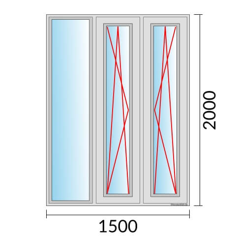 Dreiflügeliges Fenster 150x200 cm mit Festverglasung & im Rahmen mit Dreh-Kipp-Links & Dreh-Kipp-Rechts