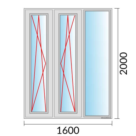 Dreiflügeliges Fenster 160x200 cm mit Dreh-Kipp-Links & Dreh-Kipp-Rechts & mit Festverglasung im Rahmen