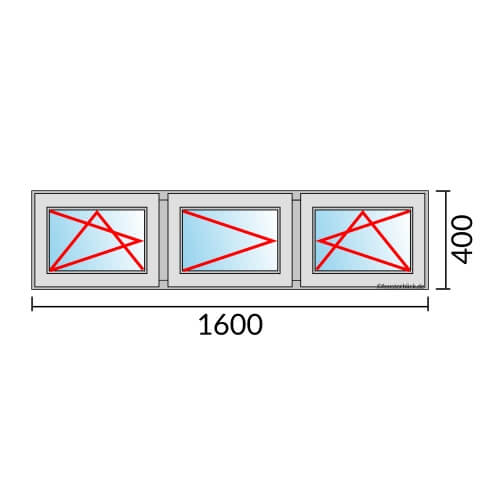 Dreiflügeliges Fenster 160x40 cm mit Dreh-Kipp-Links & Dreh-Links & Dreh-Kipp-Rechts Öffnung