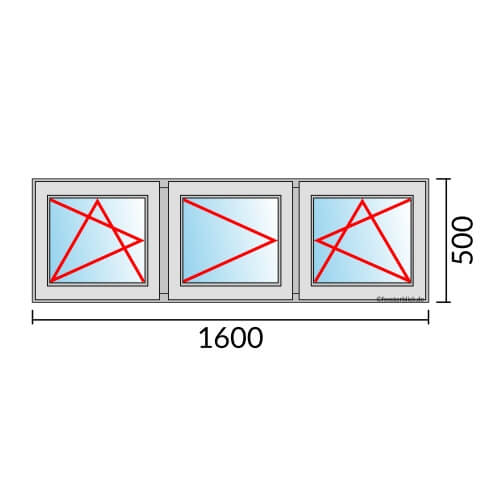 Dreiflügeliges Fenster 160x50 cm mit Dreh-Kipp-Links & Dreh-Links & Dreh-Kipp-Rechts Öffnung