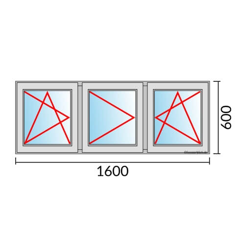 Dreiflügeliges Fenster 160x60 cm mit Dreh-Kipp-Links & Dreh-Links & Dreh-Kipp-Rechts Öffnung