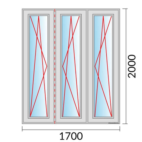 Dreiflügeliges Fenster 170x200 cm mit Dreh-Kipp-Links & Dreh-Kipp-Rechts & Dreh-Kipp-Rechts Öffnung & Stulp
