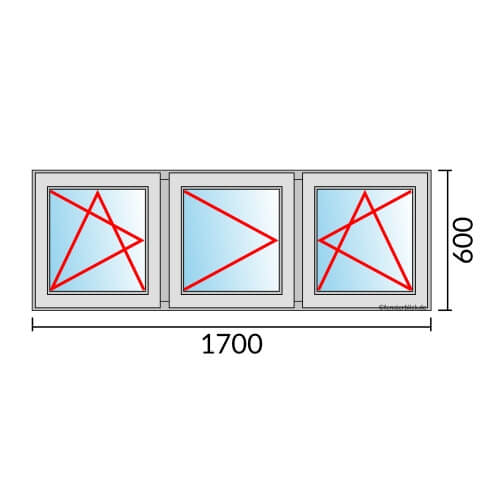 Dreiflügeliges Fenster 170x60 cm mit Dreh-Kipp-Links & Dreh-Links & Dreh-Kipp-Rechts Öffnung
