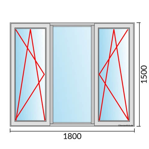 Dreiflügeliges Fenster 180x150 cm mit Dreh-Kipp-Links & Festverglasung & Dreh-Kipp-Rechts Öffnung