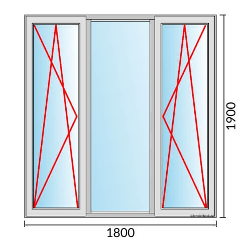 Dreiflügeliges Fenster 180x190 cm mit Dreh-Kipp-Links & Festverglasung & Dreh-Kipp-Rechts Öffnung