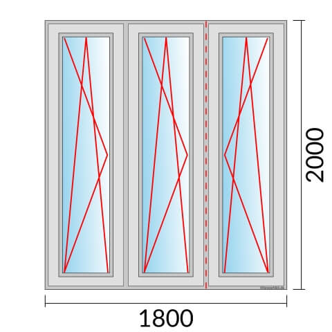 Dreiflügeliges Fenster 180x200 cm mit Dreh-Kipp-Links & Dreh-Kipp-Links & Dreh-Kipp-Rechts Öffnung & Stulp