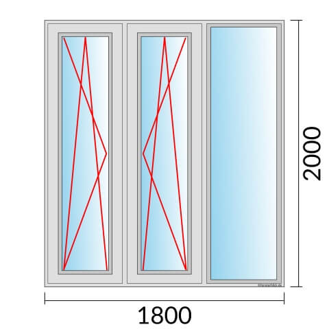 Dreiflügeliges Fenster 180x200 cm mit Dreh-Kipp-Links & Dreh-Kipp-Rechts & mit Festverglasung im Rahmen