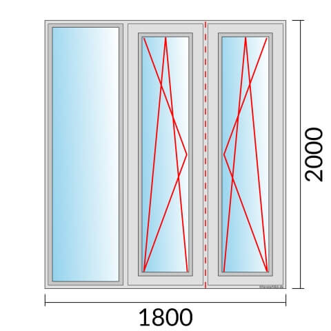 Dreiflügeliges Fenster 180x200 cm mit Festverglasung & im Rahmen mit Dreh-Kipp-Links & Dreh-Kipp-Rechts & Stulp