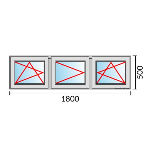 Dreiflügeliges Fenster 180x50 cm mit Dreh-Kipp-Links & Dreh-Links & Dreh-Kipp-Rechts Öffnung
