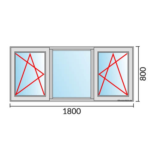 Dreiflügeliges Fenster 180x80 cm mit Dreh-Kipp-Links & Festverglasung & Dreh-Kipp-Rechts Öffnung