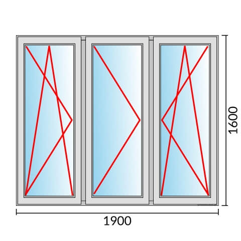 Dreiflügeliges Fenster 190x160 cm mit Dreh-Kipp-Links & Dreh-Links & Dreh-Kipp-Rechts Öffnung