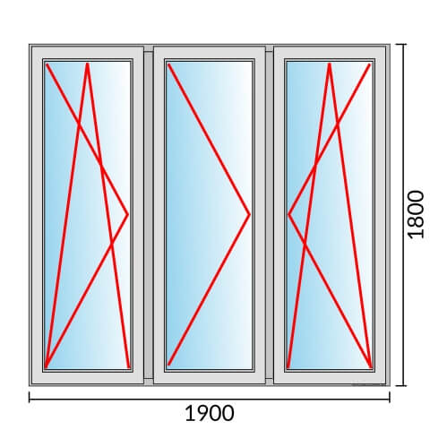Dreiflügeliges Fenster 190x180 cm mit Dreh-Kipp-Links & Dreh-Links & Dreh-Kipp-Rechts Öffnung
