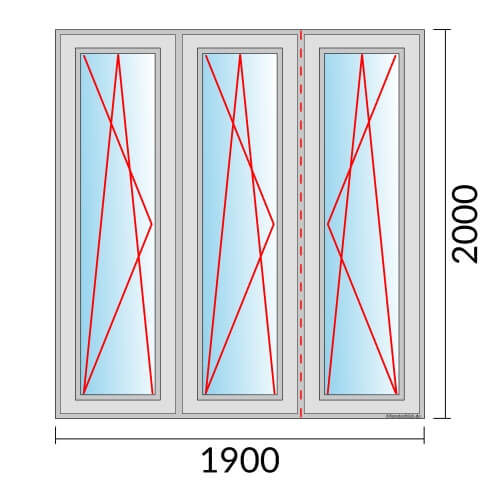 Dreiflügeliges Fenster 190x200 cm mit Dreh-Kipp-Links & Dreh-Kipp-Links & Dreh-Kipp-Rechts Öffnung & Stulp