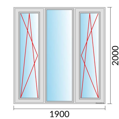 Dreiflügeliges Fenster 190x200 cm mit Dreh-Kipp-Links & mit Festverglasung & mit Dreh-Kipp-Rechts