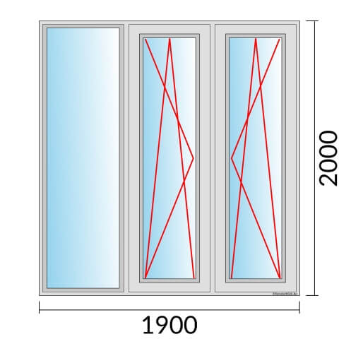 Dreiflügeliges Fenster 190x200 cm mit Festverglasung & im Rahmen mit Dreh-Kipp-Links & Dreh-Kipp-Rechts