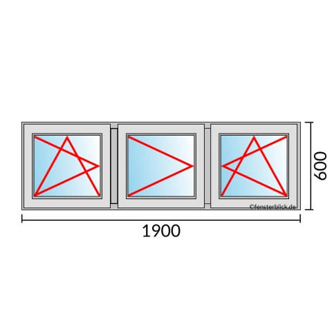 Dreiflügeliges Fenster 190x60 cm mit Dreh-Kipp-Links & Dreh-Links & Dreh-Kipp-Rechts Öffnung
