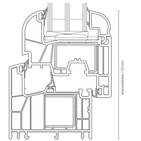 Kunststofffenster Salamander greenEvolution 76 curve Technische Zeichnung