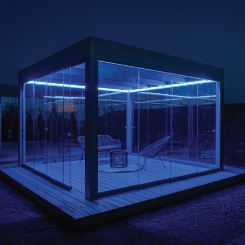 Pergola Garten Nacht LED Beleuchtung Glasschiebewand