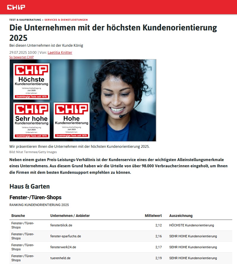 Studie "Höchste Kundenorienteirung 2025" - Fenster- und Türen-Shops