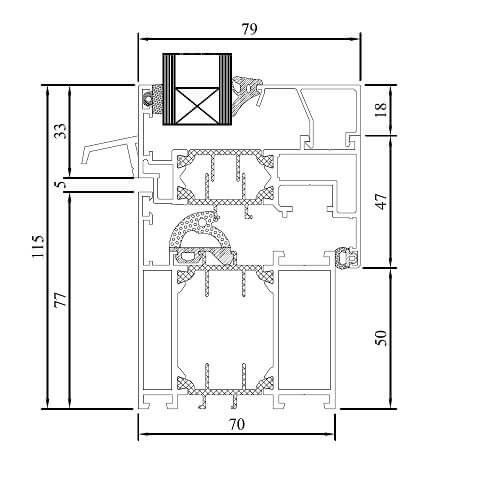 Alufenster MB-70 Profilschnitt mit Wetterschenkel