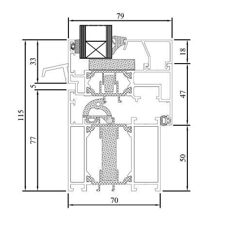 Alufenster MB-70 hi Profilschnitt mit Wetterschenkel
