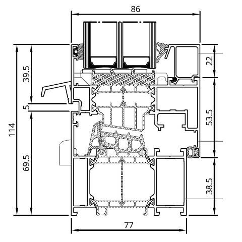 Alufenster MB-86 SI Profilschnitt mit Wetterschenkel