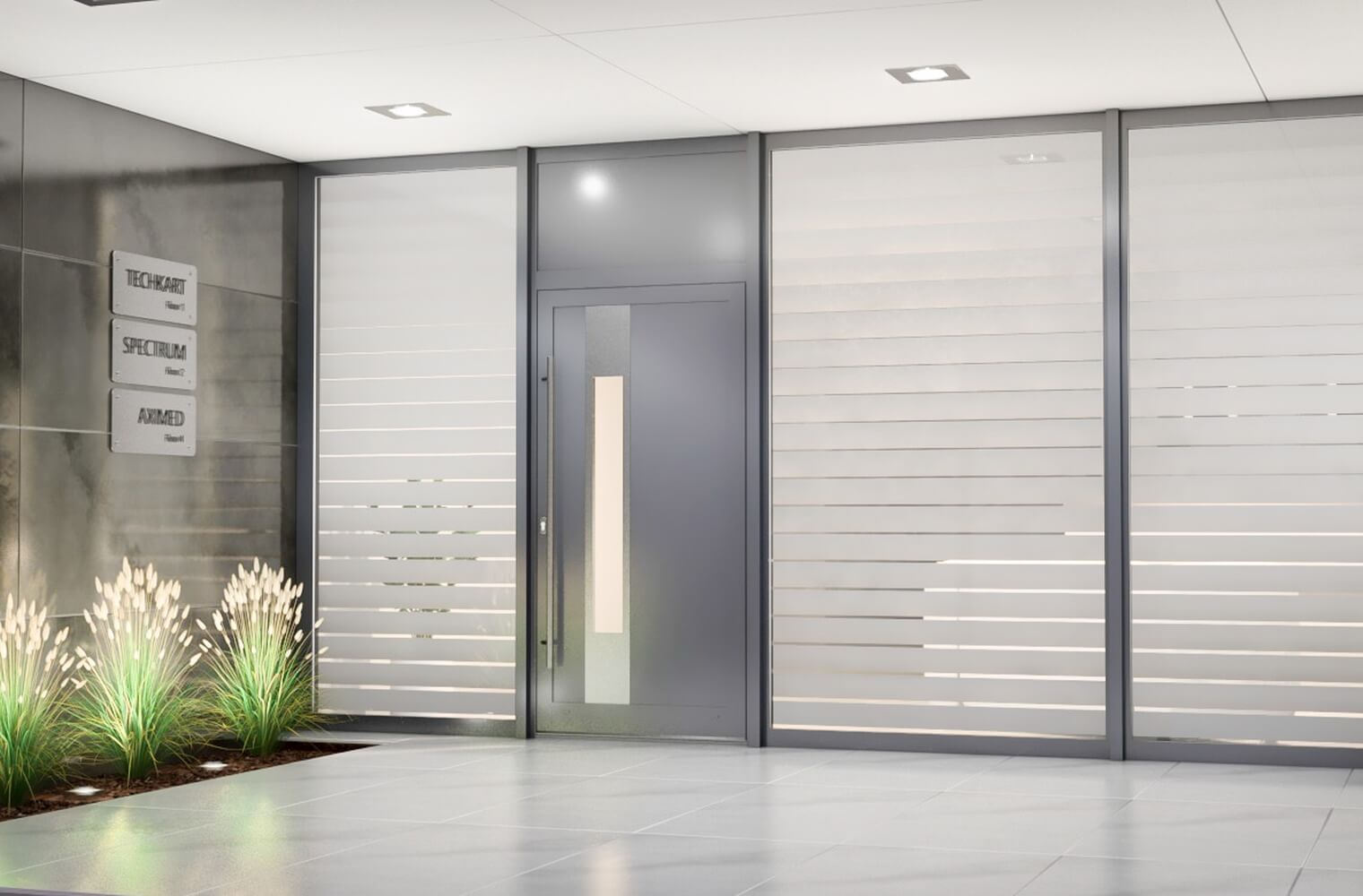 Aluminium voordeur met zijlicht en gezandstraald glas