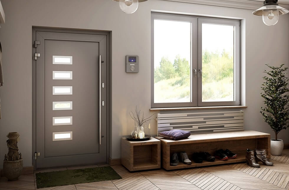 Aluminium voordeur met kozijn in grijs