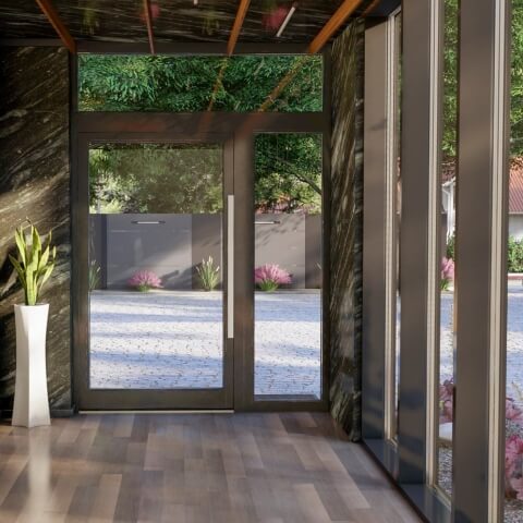 Alu-Nebeneingangstür mit Seitenteil, Oberlicht und Stoßgriff