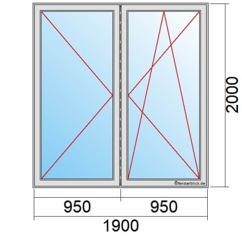 Balkontür 190x200 cm 2-flügelig Dreh-Links & Dreh-Kipp-Rechts mit Stulp technische Details