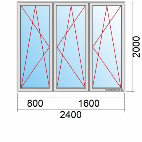 Balkontür 240x200 cm 3-flügelig Dreh-Kipp-Links, Dreh-Kipp-Rechts & Dreh-Kipp-Rechts technische Details