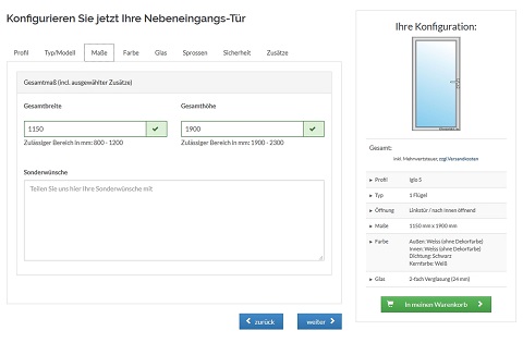 Nebeneingangstür Konfigurator Maße